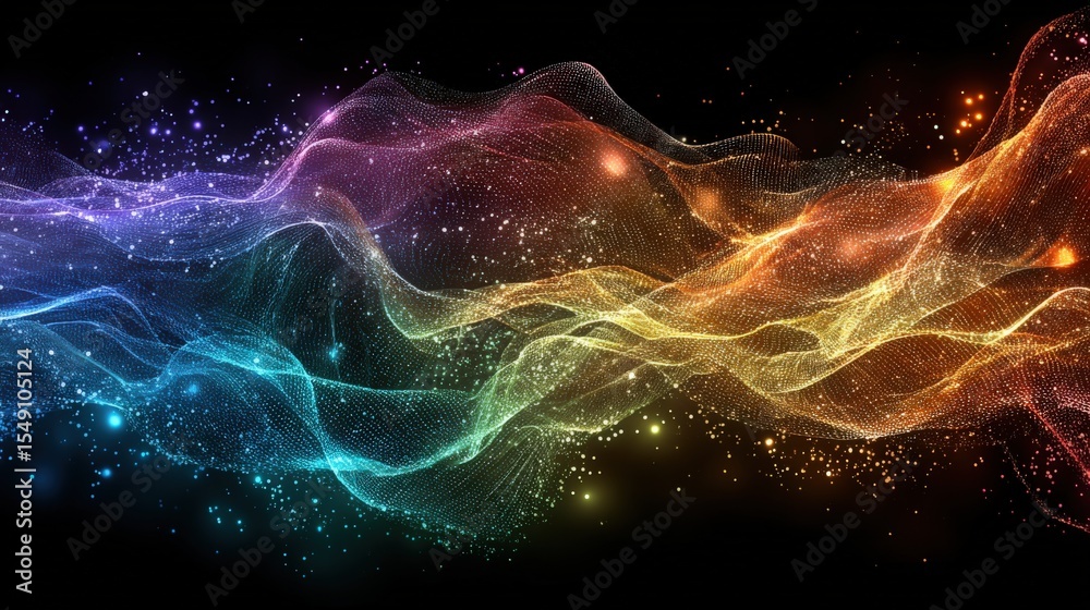 Poster Vibrant Colorful Abstract Wave Patterns with Sparkling Particles and Glowing Effects