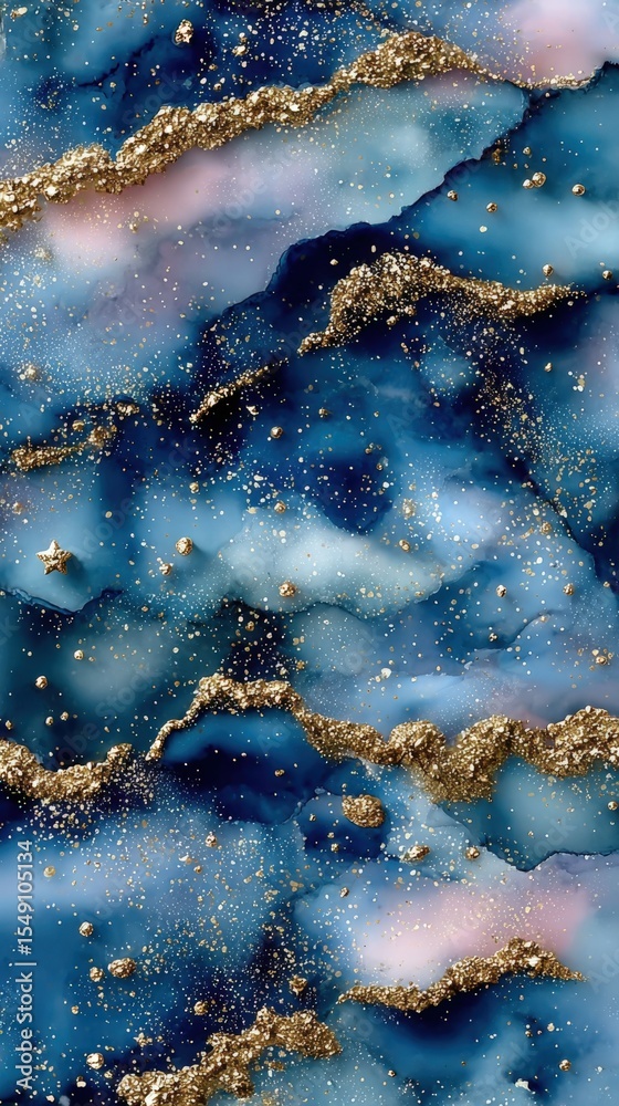 Poster abstract marble texture with blue gold glitter and flowing painted patterns