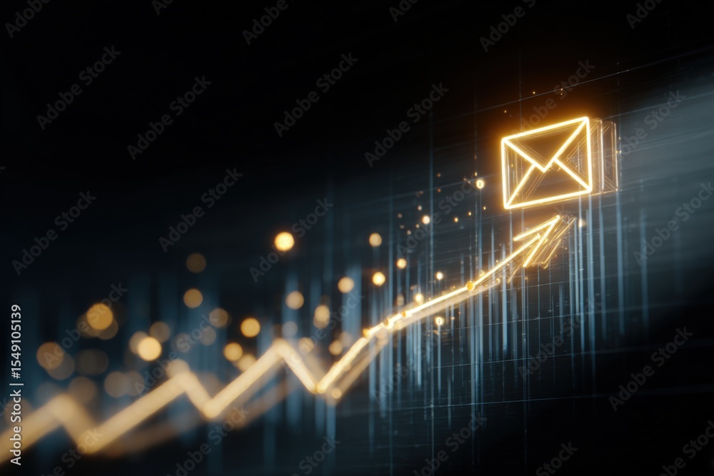 Poster digital email marketing growth graph with glowing envelope icon and rising chart