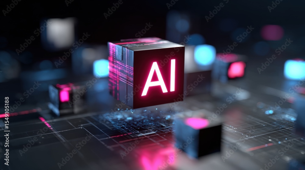 Poster futuristic artificial ligence concept with digital cube and neon lights