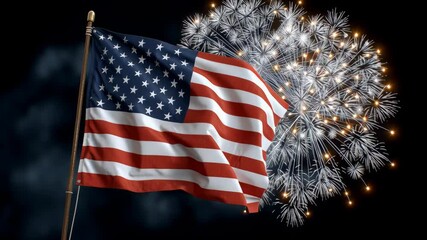 American flag waving proudly against a vibrant backdrop of colorful fireworks illuminating the night sky, symbolizing celebration, freedom, and national pride during festive occasions and events
