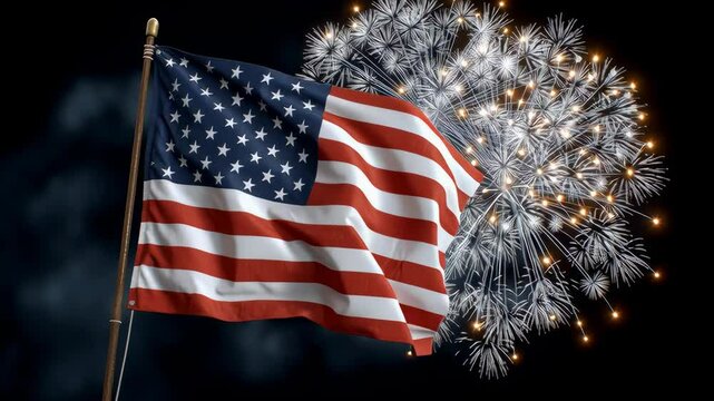 American flag waving proudly against a vibrant backdrop of colorful fireworks illuminating the night sky, symbolizing celebration, freedom, and national pride during festive occasions and events