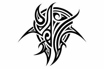 Stylized black tribal tattoo design featuring sharp curves, pointed edges, and an abstract flame-like form. This bold and symmetrical vector graphic is ideal for tattoo templates,