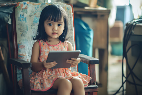 a little girl sitting in a chair with a tablet