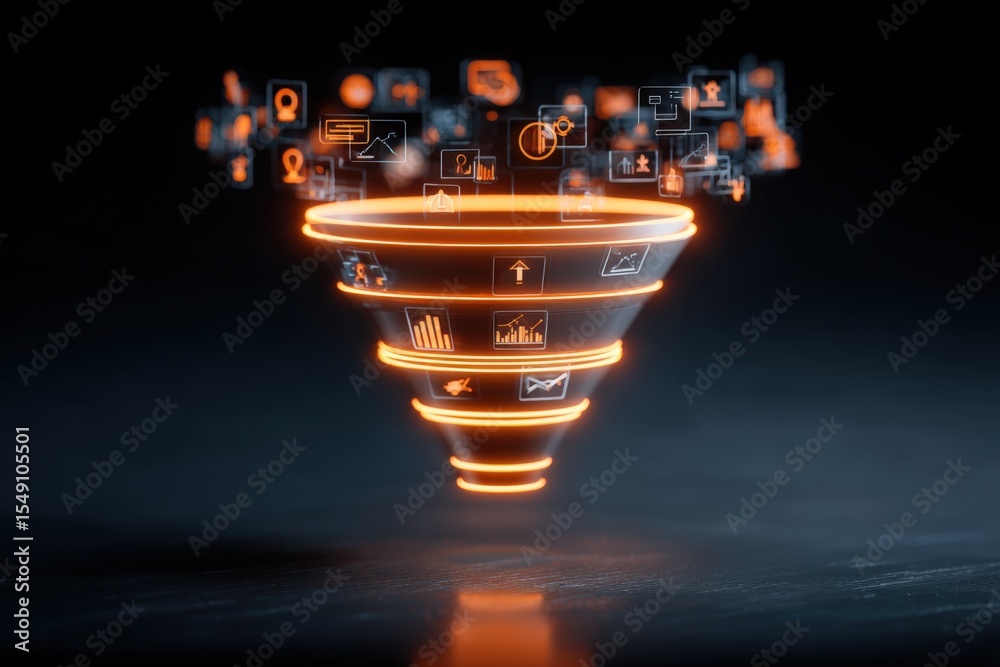 Poster Digital Data Funnel Concept with Orange Glowing Lines and Connected Icons