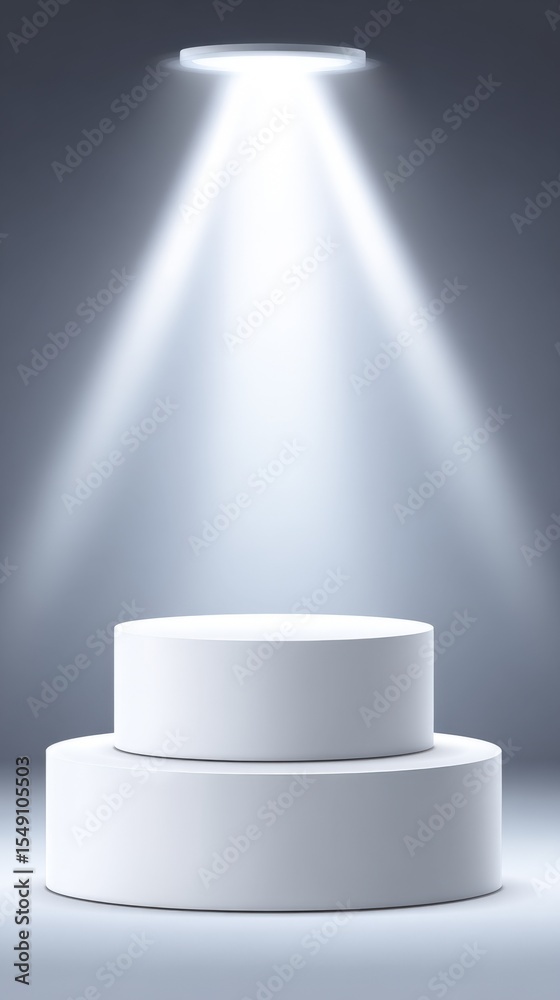 Poster elegant white circular podium display stand with spotlight artfully illuminated