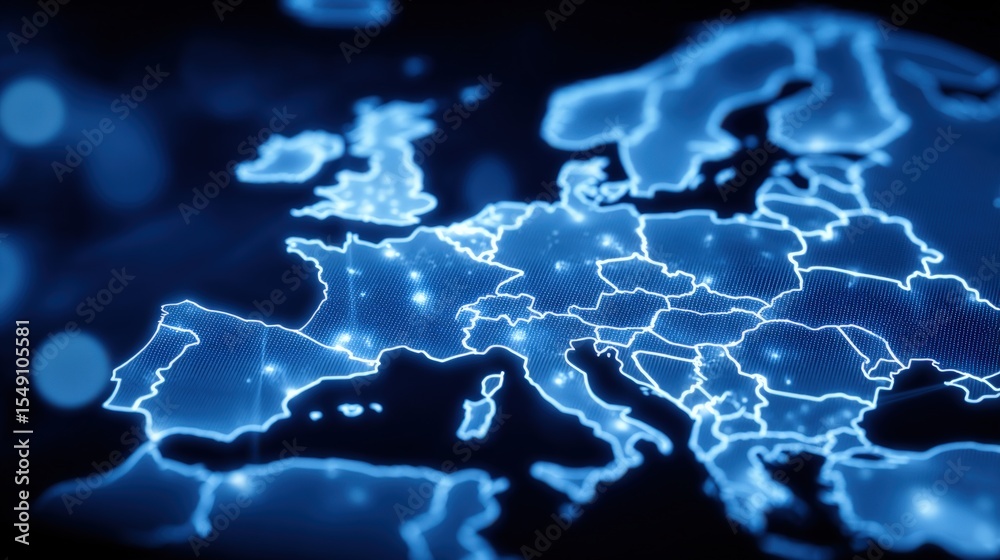 Poster illuminated europe map with glowing borders and highlighted countries
