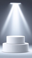 Fototapeta premium Elegant White Circular Podium Display Stand with Spotlight Artfully Illuminated
