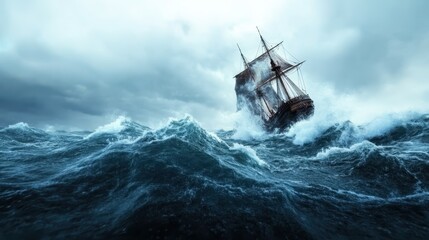 Obraz premium A classic ship navigates through tumultuous waves amidst a storm, illustrating humanity's struggle against nature's powerful forces in a dramatic maritime scene.