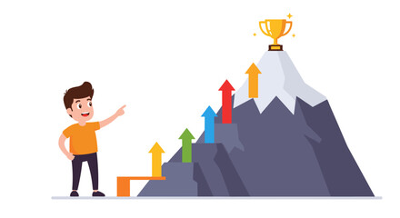 Fototapeta premium Achieving success: climbing the mountain to reach the trophy, conceptual vector illustration for motivation
