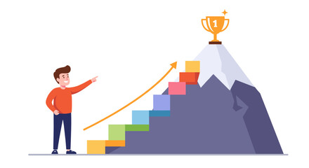 Fototapeta premium Achievement and success concept with mountain climb and trophy for motivation and goal setting in business design vector illustration