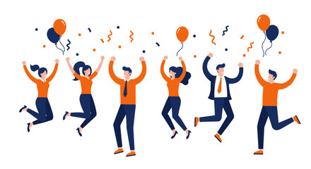 Celebratory business team jumping with balloons and confetti for a corporate event poster vector illustration