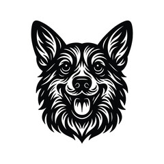 Happy Dog Head Vector, Black and White Fluffy Dog Face, Linocut Pet Illustration, Smiling Puppy Clipart

