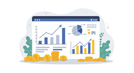 Obraz premium Financial data analysis with charts and coins for business presentation vector illustration