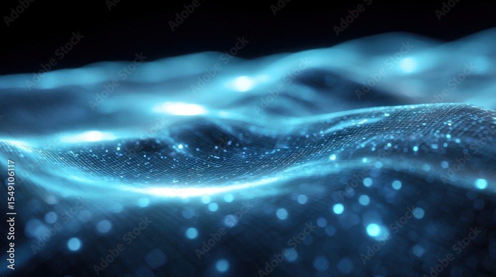 Poster Abstract Blue Digital Wave Pattern with Glowing Particles and Motion Effect