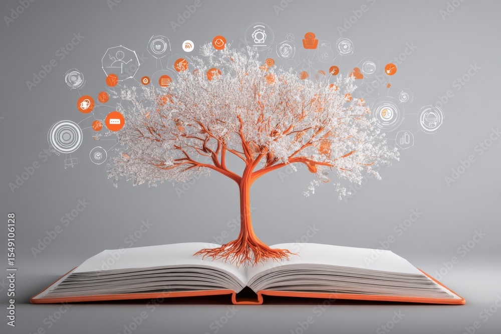 Aufkleber Open book with a large tree growing from its pages and digital icons floating around