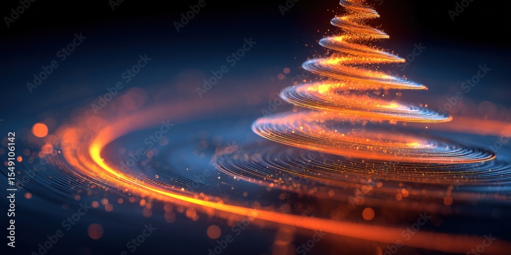 Poster dynamic bright spiral light trail swirling through dark background with glowing particles