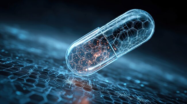 A digital representation of a pill on a network background symbolizes ai-driven precision medicine.