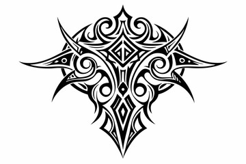 Stylized black tribal tattoo design featuring sharp curves, pointed edges, and an abstract flame-like form. This bold and symmetrical vector graphic is ideal for tattoo templates,