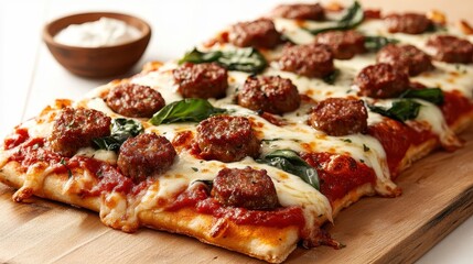 A mouth-watering rectangular pizza topped with flavorful meatballs, gooey cheese, and vibrant fresh basil laid over a rich tomato sauce on a wooden table.