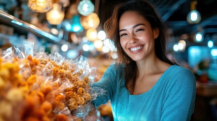 A cheerful woman holds snack bags in a vibrant market, radiating happiness while showcasing delicious treats that attract customers and create a warm atmosphere.