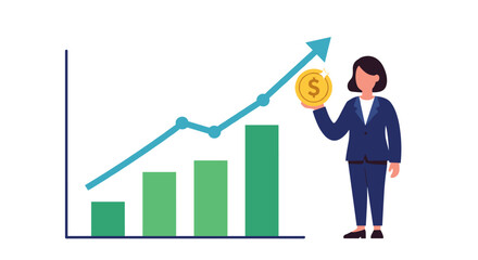 Financial growth concept with businesswoman holding coin and increasing graph elements vector illustration