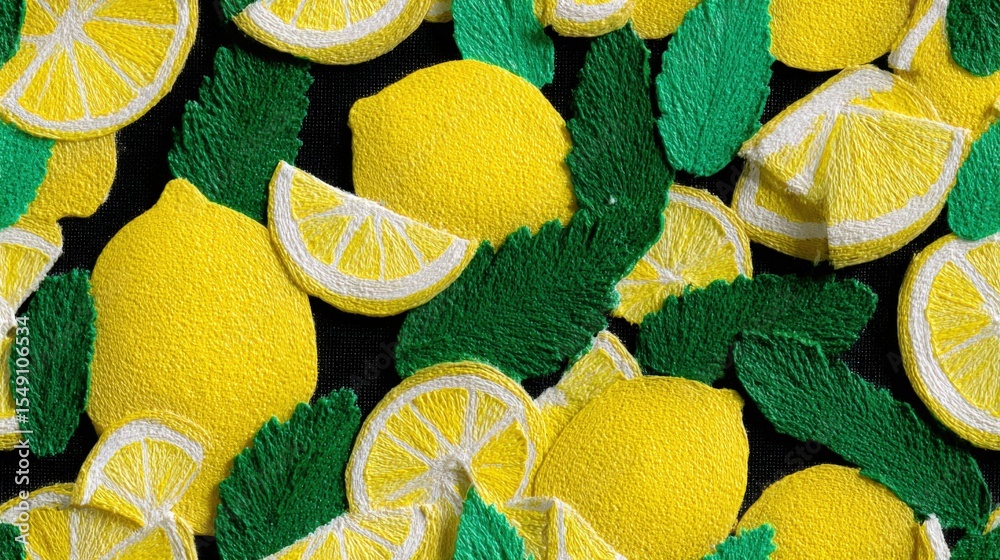 Poster bright colorful textured lemonade pattern with fresh lemons and green leaves