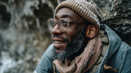 A cheerful man with a frosty beard smiles warmly against a rugged winter backdrop, illustrating the joy of winter adventures and the beauty of nature's harshness.