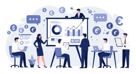 Naklejka na ściany i meble Business meeting presentation with professionals and financial data for corporate strategy design vector illustration
