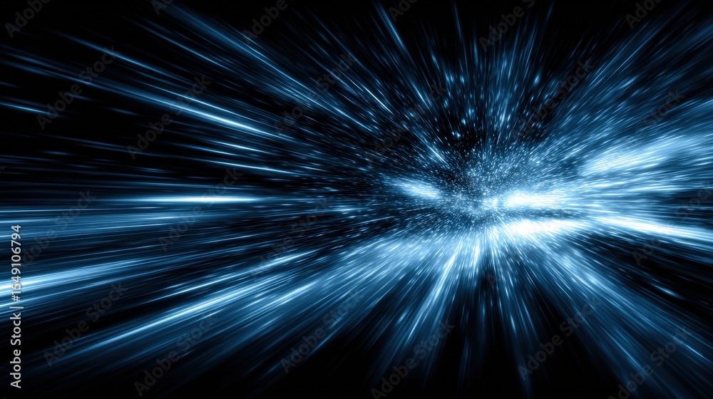 Poster Dynamic abstract background with blue motion streaks and burst effect in space