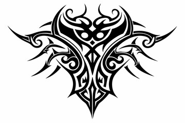 Stylized black tribal tattoo design featuring sharp curves, pointed edges, and an abstract flame-like form. This bold and symmetrical vector graphic is ideal for tattoo templates,