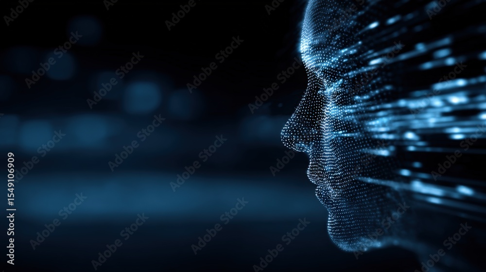 Poster digital human face made of glowing pixels and lines in dark futuristic background