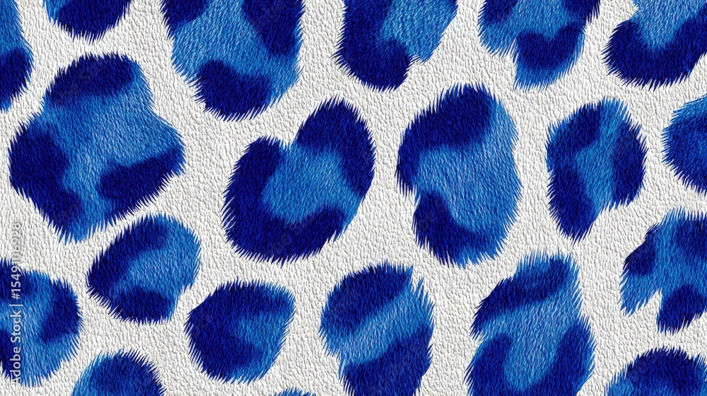 Poster close-up of vibrant blue and white leopard print fabric pattern with detailed fur texture