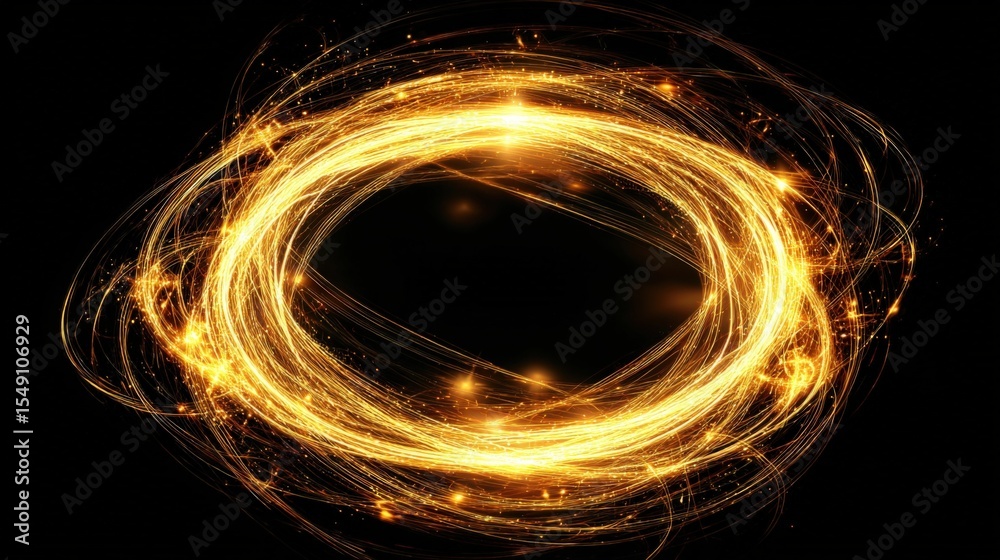 Poster Bright golden circular energy swirl with glowing particles creating dynamic motion