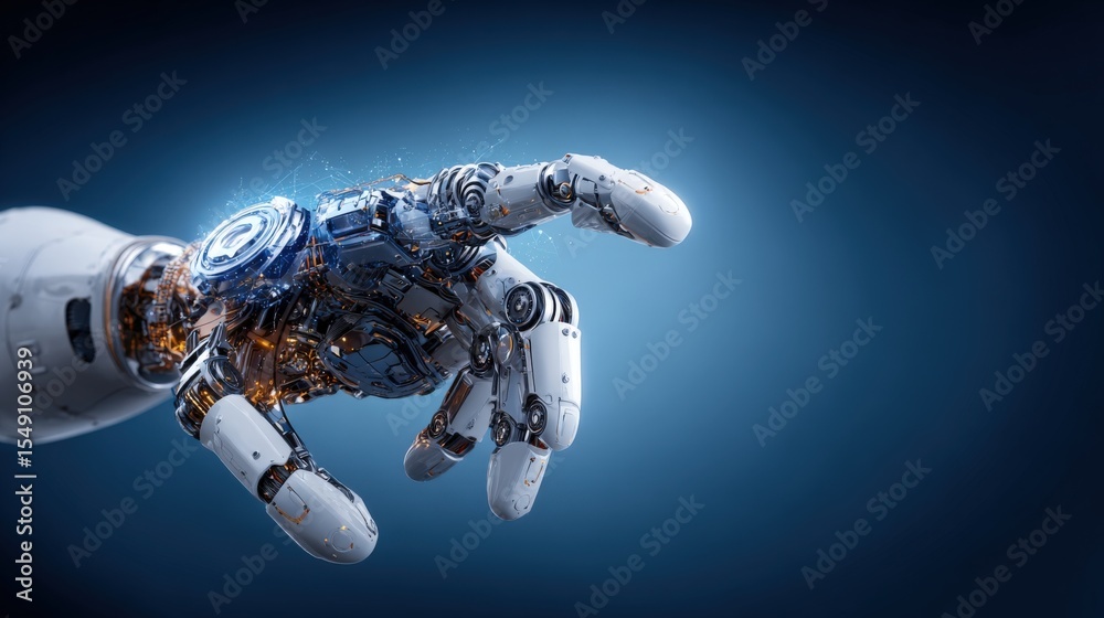 Poster Highly detailed futuristic robotic hand reaching out with intricate machinery design and glowing elements in a dark background