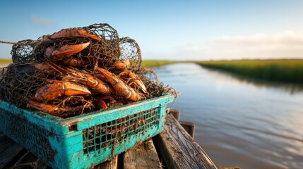 A collection of freshly harvested crabs in a net resting on a dock by a tranquil water body captures the essence of seafood harvesting and the beauty of nature's bounty.