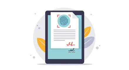 Digital document security with fingerprint authentication on tablet vector illustration