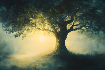 a painting of a tree with the sun shining through it