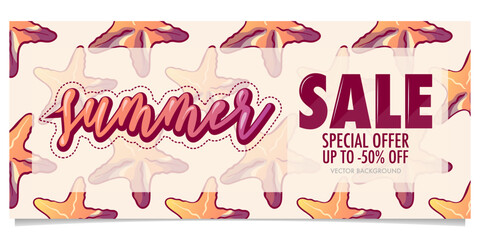 sale banner template with a hand drawn starfish and handwritten text in yellow and pink tones