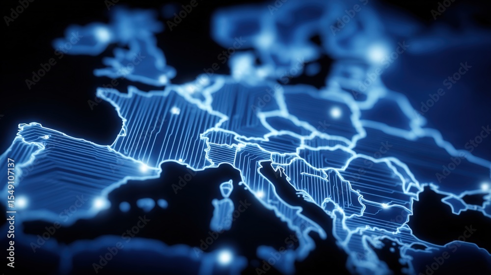Poster illuminated digital map of europe with network connections and country borders