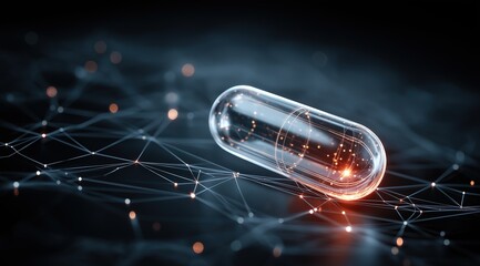 A digital representation of a pill on a network background symbolizes ai-driven precision medicine.