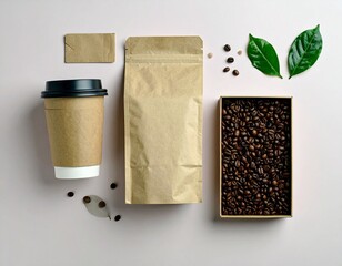 Opakowanie kawy ziarnistej z filiżanką espresso, flat lay na czarnym tle