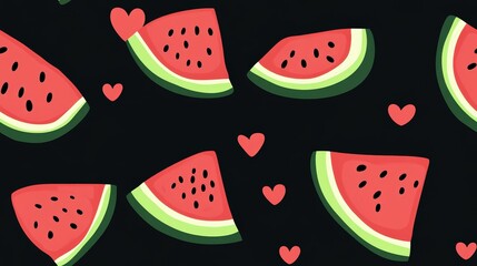 Colorful Watermelon slices with small hearts on black background for summer fun