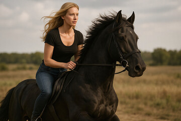 Obraz premium Blonde woman riding a black horse at high speed outdoors, capturing dynamic motion and natural freedom in a beautiful countryside setting