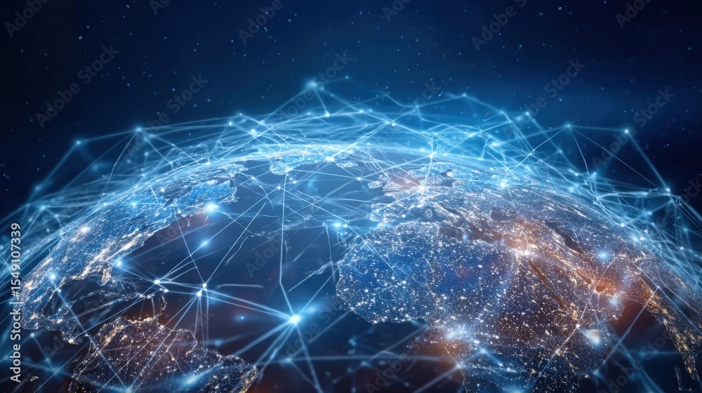 Poster Futuristic digital globe with interconnected glowing lines and digital networks