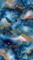 Fototapeta premium Abstract watercolor background with gold glitter and starry accents