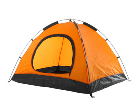 Orange camping tent isolated on white, outdoor shelter for adventure.
