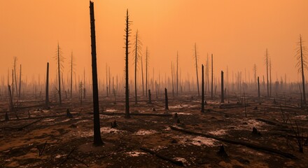 Devastation of a Wildfire: A Haunting Landscape of Charred Trees and Ashen Earth Amidst an Orange Smoky Sky
