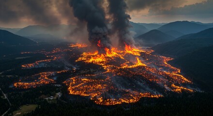 Aerial View of a Devastating Wildfire Ravaging Through Forested Mountains, with Flames and Smoke Rising High Into the Sky During Dusk
