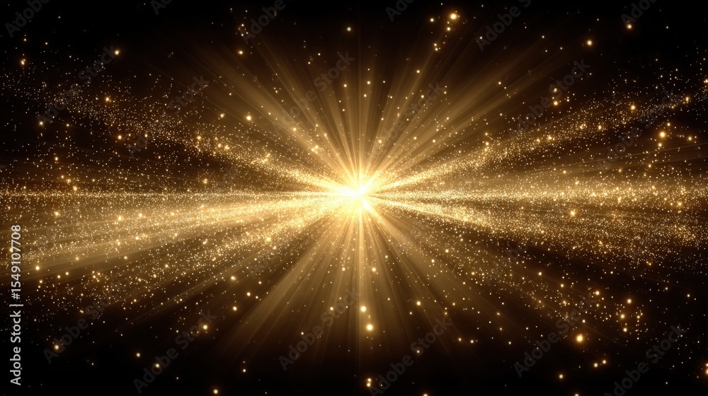 Poster captivating cosmic explosion with radiant light beams and sparkling particles